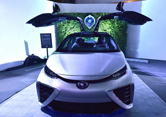 Toyota displays a customized Time Machine at the launch of the Toyota Mirai fuel cell vehicle at Quixote Studios on Tuesday, Oct. 20, 2015, in West Hollywood, Calif. (Photo by Jordan Strauss/Invision for Toyota/AP Images)